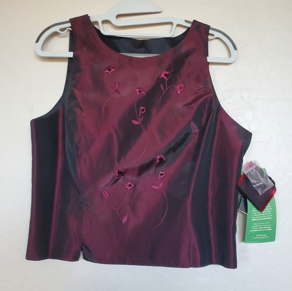 Randi May Burgundy Sleeveless Vest Top with Flower Embroidery Size 10